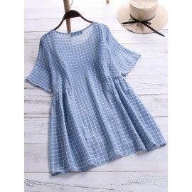 Women Cotton Plaid Crew Neck Short Sleeve Blouse