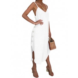 Women Sleeveless Strap V-neck Button Solid Maxi Dress