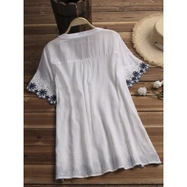 Women Casual Embroidered V-Neck Lace Short Sleeve Blouse