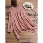 Women Cotton Pure Color Irregular Hem Long Sleeve Blouse