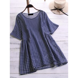 Women Cotton Plaid Crew Neck Short Sleeve Blouse