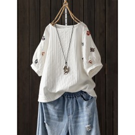 Women Short Sleeve Crew Neck Embroidery Vintage Blouse