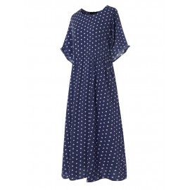 Women Polka Dot Print Short Sleeve O-neck Maxi Dress