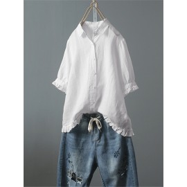 Women Vintage Button Turn Down Collar Half Sleeve Solid Color Shirts