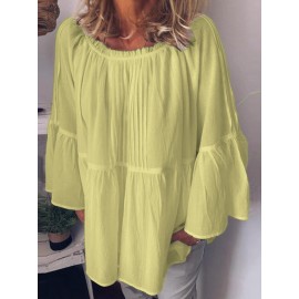 Pure Color Off Shoulder Flare Sleeve Casual Blouse