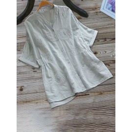 Women Solid Color Embroidered Cotton Loose Button Blouse