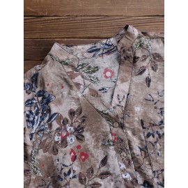 Women Vintage Floral Print V-neck Long Sleeve Asymmetrical Blouse