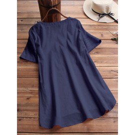 Women Pure Color HighLow Hem Button Down Blouse