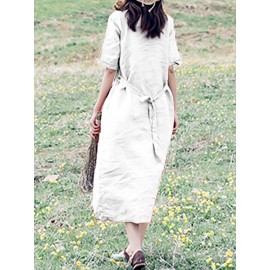 Women Casual Cotton Loose Bandage Midi Dress