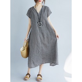 Casual Women Loose Short Sleeve V-Neck Side Pockets Check Dress