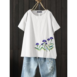 Women Casual O-Neck Floral Embroidered Short Sleeve T-Shirts