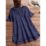 Women Pure Color HighLow Hem Button Down Blouse