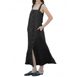 Women Loose Cotton Split Hem Sleeveless Strap Dress