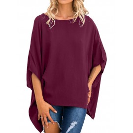 Women Round Neck High Low Hem Batwing Sleeve Blouse