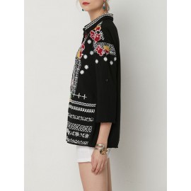 Women Ethnic Embroidery Turn-down Collar Loose Blouse