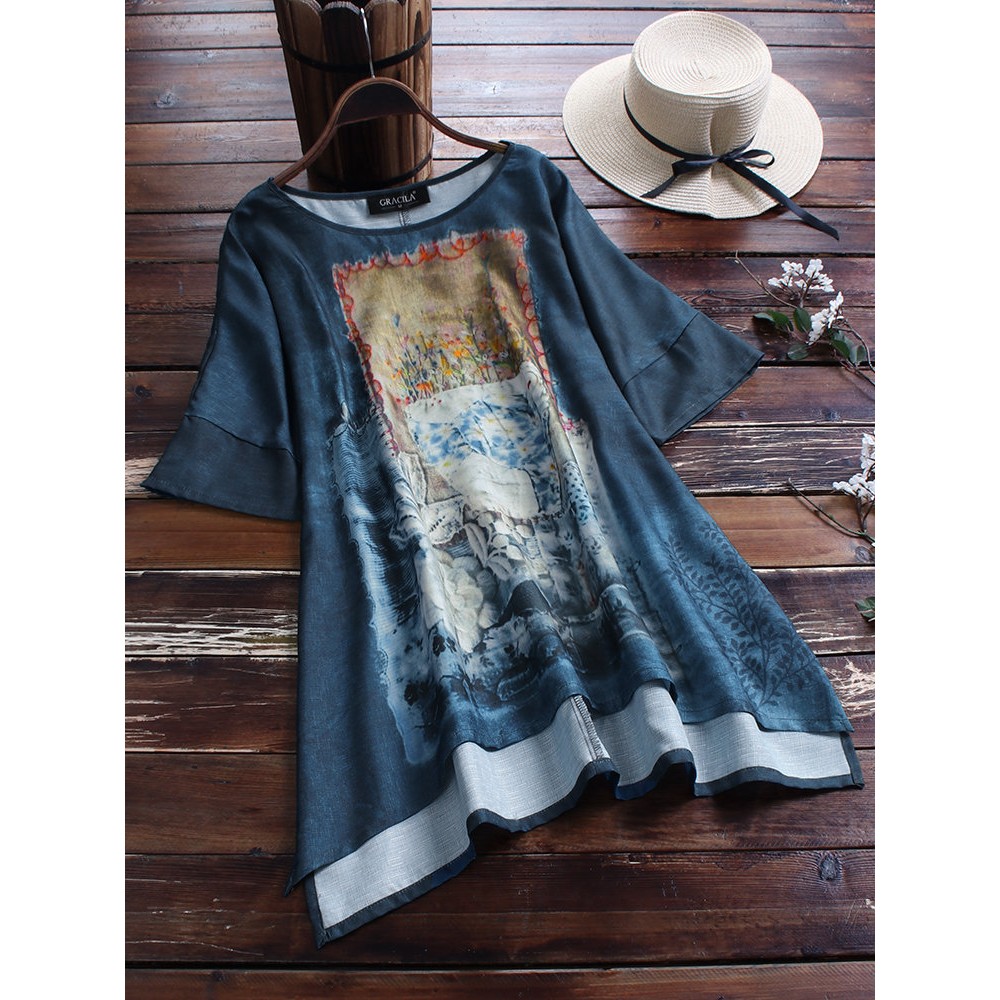 Women Short Sleeve Floral Print Irregular Hem O-neck T-shirts