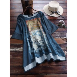 Women Short Sleeve Floral Print Irregular Hem O-neck T-shirts