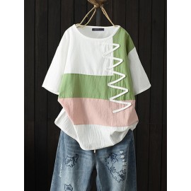 Women Striped Patchwork O-Neck Short Sleeve T-Shirts