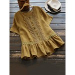 Women Elegant O-neck Short Sleeve Ruffles Loose Blouse