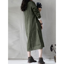 Women Pure Color Cotton Long Sleeve Side Pockets Dress