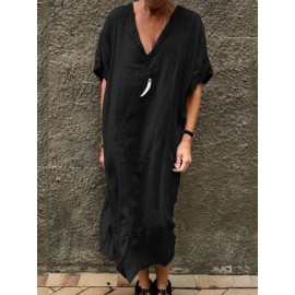 Women Solid Color V-neck Short Sleeve Split Baggy Kaftan Casual Dress