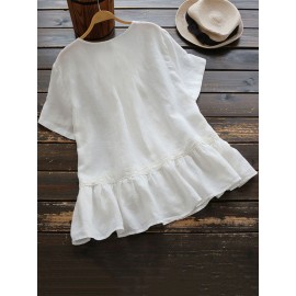 Women Elegant O-neck Short Sleeve Ruffles Loose Blouse