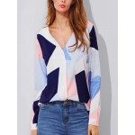 Women V-neck Geometric Print Long Sleeved Button Blouse