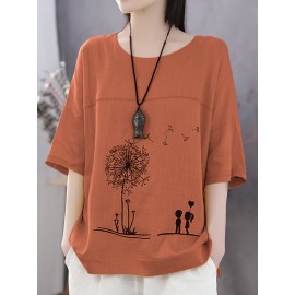 Casual Print Flower Short Sleeve Cotton T-Shirts