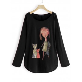 Women Cartoon Printed Long Sleeve Crew Neck T-Shirts