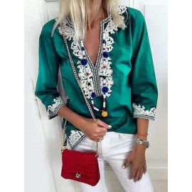 Women Vintage Folk Style V-Neck Short Sleeve Blouse