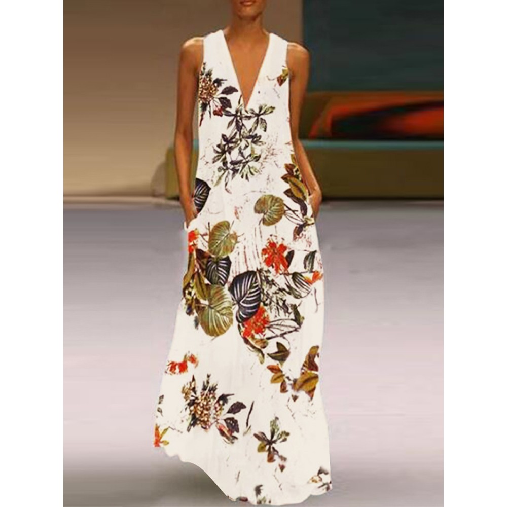 Vintage Women Sleeveless V-neck Side Pocket Floral Long Maxi Dress