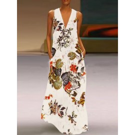 Vintage Women Sleeveless V-neck Side Pocket Floral Long Maxi Dress