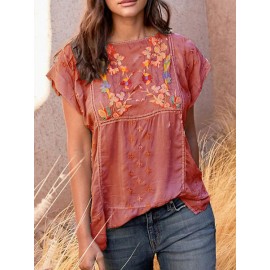 Women Casual Embroidered Short Sleeve Blouse