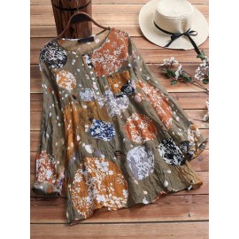 Women Retro Art Print Pleated Long Sleeve Blouse