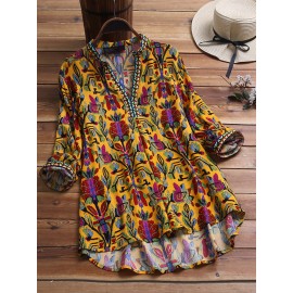 Women Print Folk Style High Low Hem Long Sleeve Blouse