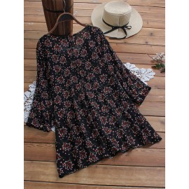 Women Folk Style Floral Print Crew Neck Blouse