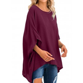 Women Round Neck High Low Hem Batwing Sleeve Blouse