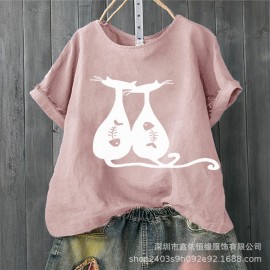 Women Print Fish Bone Cats Short Sleeve Casual Cute T-Shirts