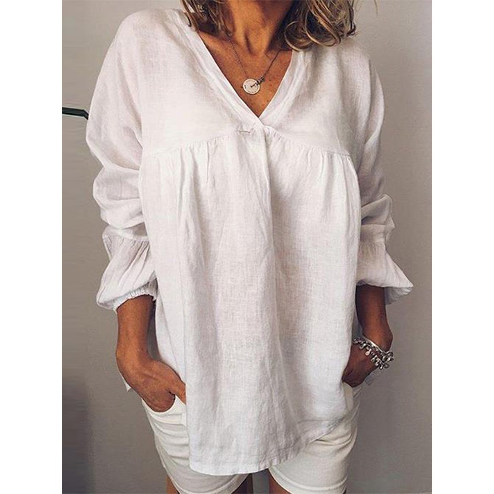 Women Casual Solid Color Loose V-Neck Long Sleeve Blouse