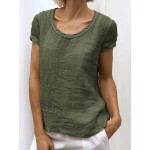 Women Solid Color Short Sleeve Round Neck Pleated Casual T-Shirts