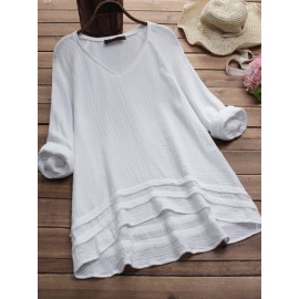 Women Solid Color High Low Hem Long Sleeve Blouse