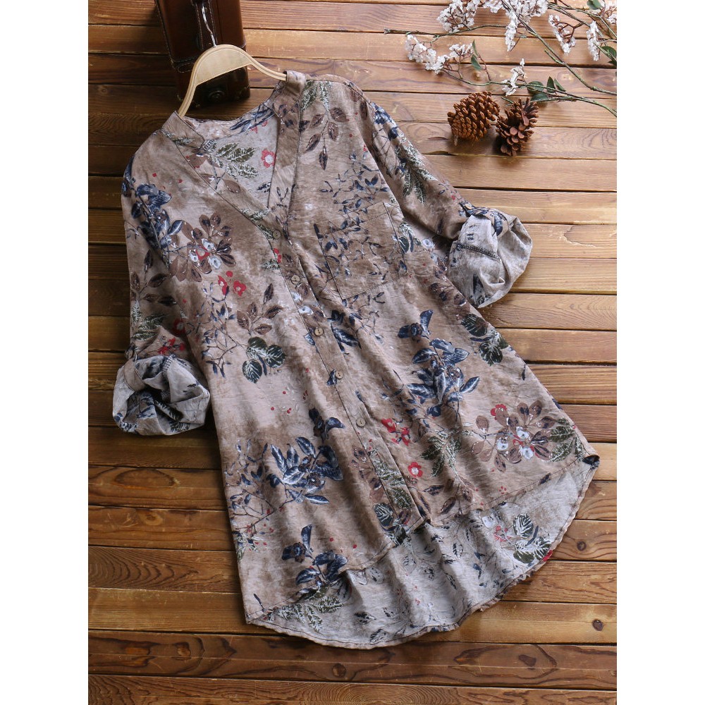 Women Vintage Floral Print V-neck Long Sleeve Asymmetrical Blouse