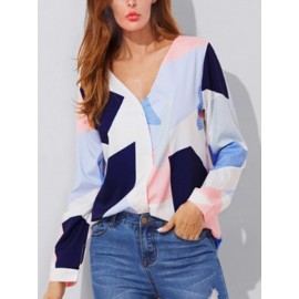 Women V-neck Geometric Print Long Sleeved Button Blouse