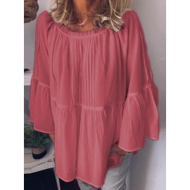 Pure Color Off Shoulder Flare Sleeve Casual Blouse