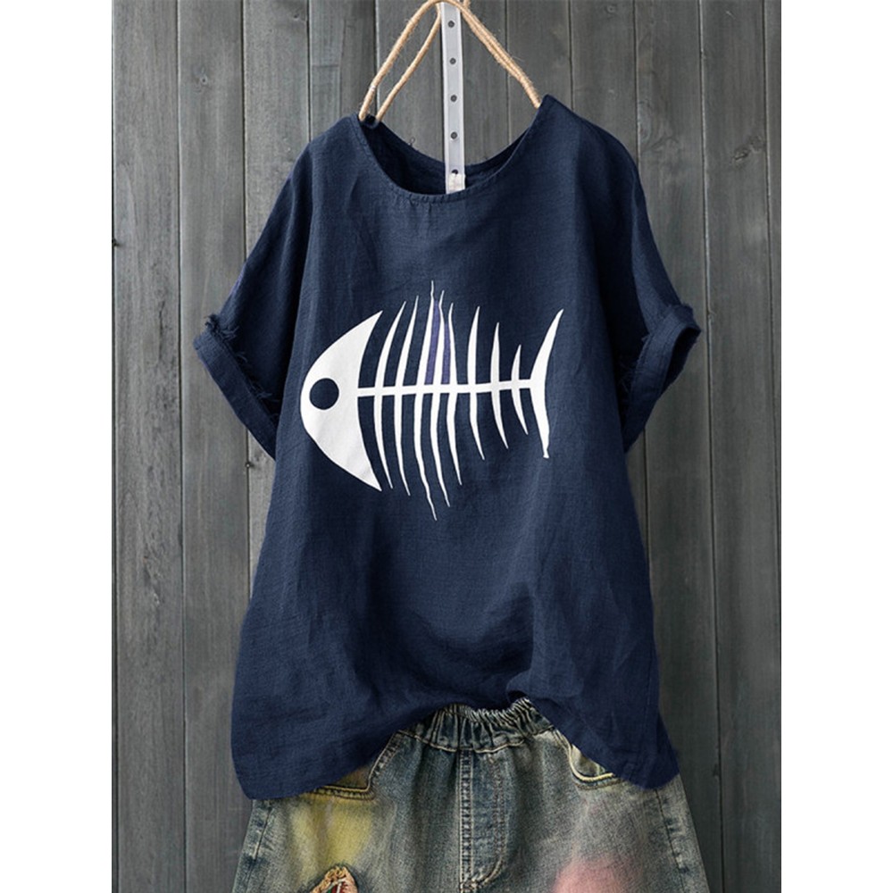 Women Casual Print Fish Bone Short Sleeve Cute T-Shirts