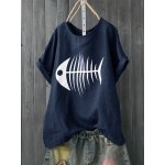 Women Casual Print Fish Bone Short Sleeve Cute T-Shirts