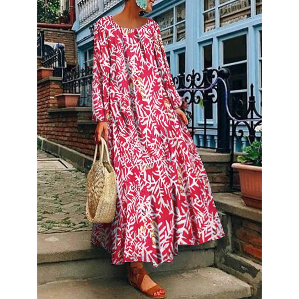 Women Vintage Long Sleeve Crew Neck Floral Print Maxi Dress