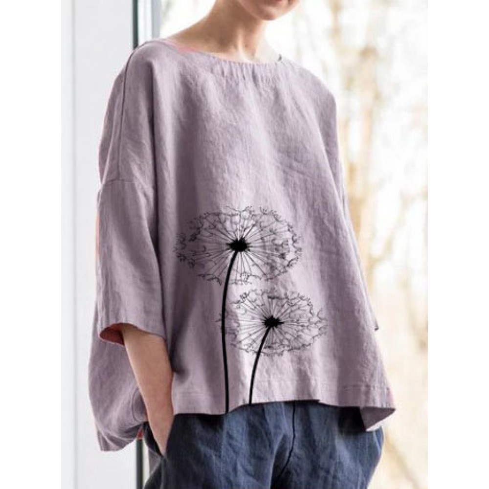 Women 3/4 Sleeve Crew Neck Floral Print Blouse