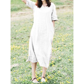 Women Casual Cotton Loose Bandage Midi Dress