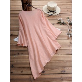 Women Solid Color Irregular Hem 3/4 Sleeve Blouse